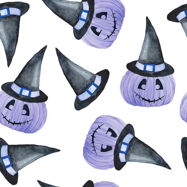 Χέρι που υδατογραφία αδιάλειπτη μοτίβο του Halloween φθινόπωρο παστέλ μαλακό μπλε κολοκύθες καπέλο μάγισσα. Τρομακτικές γκοθικές κάρτες, πρόσκληση, αποκριάτικο σχέδιο, εκτυπώσεις. Χαριτωμένο Kawaii ζωγραφική για το αγοράκι. — Φωτογραφία Αρχείου