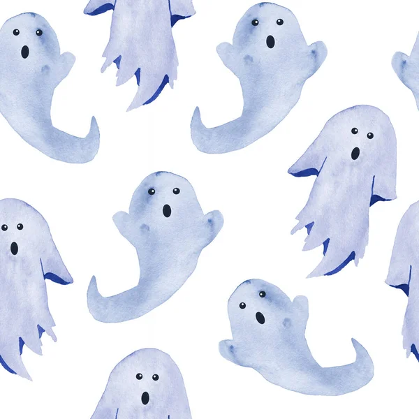Hand drawn watercolor seamless pattern of Halloween fall autumn pastel soft blue ghosts apparitions on white background. Horror goth gothic cards, invitation, Halloween design, Cute kawaii painting — Stock Photo, Image