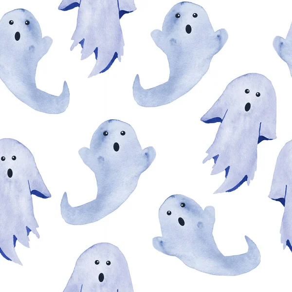 Modello acquerello disegnato a mano senza soluzione di continuità di Halloween autunno pastello morbido blu fantasmi apparizioni su sfondo bianco. Gotico gotico orrore carte, invito, Halloween design, Carino kawaii pittura — Foto Stock