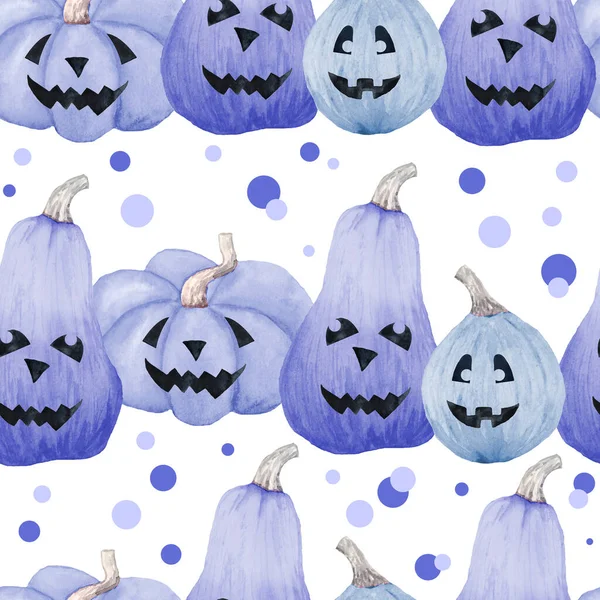 Hand drawn watercolor seamless pattern of Halloween fall autumn pastel soft blue pumpkins with polka dot backround. Horror goth gothic cards, invitation, Halloween design, prints. Cute kawaii painting — Stock Photo, Image