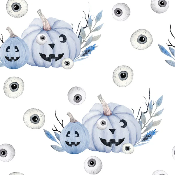 Hand drawn watercolor seamless pattern of Halloween fall autumn pastel soft blue pumpkins with grey floral elements. Horror goth gothic cards, invitation, Halloween design, prints. Cute kawaii — Stock Photo, Image