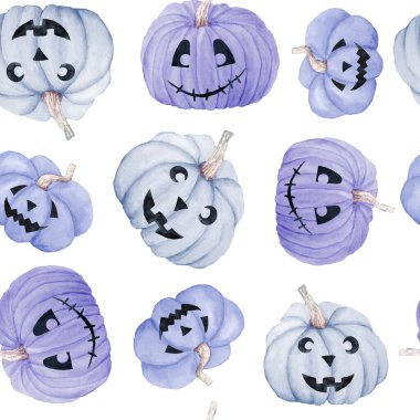 Cadılar Bayramı 'nın elle çizilmiş suluboya deseni sonbahar pastel yumuşak mavi balkabakları beyaz arka planda. Korkunç gotik kartlar, davetiyeler, Cadılar Bayramı tasarımı, baskılar. Şirin kawaii tabloları.