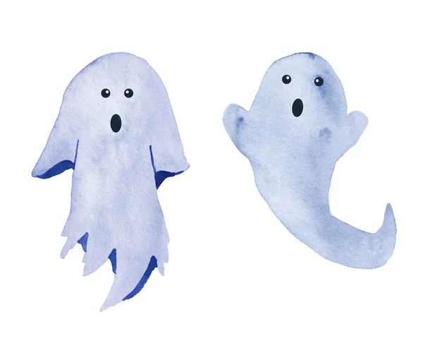 Acuarelă desenată manual ilustrație a două fantome albastre pastelate țipând. Drăguț kawaii design de Halloween pentru afișe de artă de perete carduri de invitație. Apariție Octombrie Spooky pentru decorul grădiniței . — Fotografie, imagine de stoc
