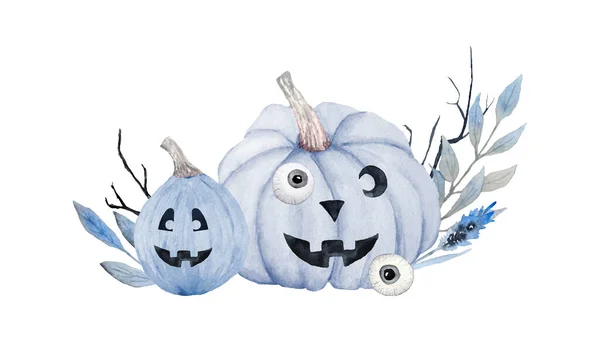 Handritad akvarell Halloween illustration med pastellblå pumpor och blommiga blad. Söt kawaii stil för barnkammare inredning inbjudningar affischer. Oktober skrämmande goth gotisk konst design. — Stockfoto