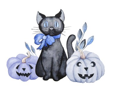 Pastel mavi balkabağı, cadı kedi ve çiçek yapraklarıyla el yapımı suluboya cadılar bayramı resmi. Çocuk dekoru için sevimli kawaii tarzı davetiye posterleri. Ekim Ürkütücü Gotik Sanat Tasarımı.