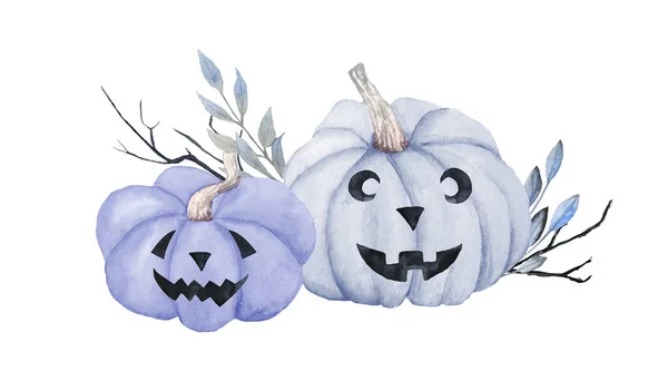 Handritad akvarell Halloween illustration med pastellblå pumpor och blommiga blad. Söt kawaii stil för barnkammare inredning inbjudningar affischer. Oktober skrämmande goth gotisk konst design. — Stockfoto