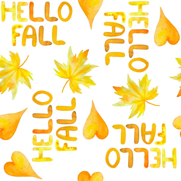 Akvarell handritade sömlösa mönster med falla löv lönn löv i gul orange färger. Höstregnbågens motiv ljusa levande abstrakta element och hjärtan. För tapetomslagspapper textil — Stockfoto