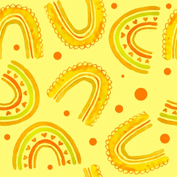 Акварель рука намальована безшовним візерунком з осіннім листям кленового листя жовтого помаранчевого кольору. Осіння веселка мотивує яскраві яскраві абстрактні елементи і серця. Для обгортання шпалер паперовим текстилем — стокове фото