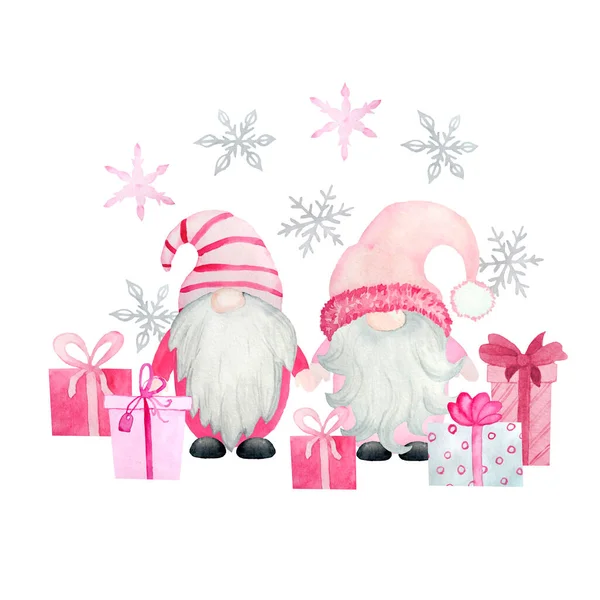 Suluboya el resmi pembe noel cüceleri, yeni yıl hediyeleri. Pastel İskandinav cüceleri ve Noel ağacı kar taneleri, sevimli çizgi film karakteri kış tasarımı..