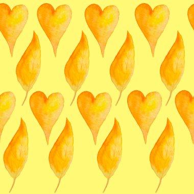 Suluboya el, yaprakları sarı turuncu renklerde akçaağaç yaprağıyla kusursuz desen çizmiş. Sonbahar gökkuşağı, parlak, soyut elementleri ve kalpleri harekete geçirir. Duvar kağıdı ambalajı için tekstil