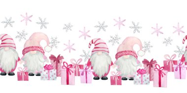 Suluboya el pembe noel cüceleriyle kusursuz sınırlar çizildi, yeni yıl hediyeleri sunuldu. Noel ağacı kar taneli Pastel İskandinav cüceleri, şirin çizgi film karakteri kış tasarımı..