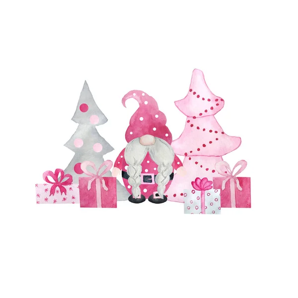 Suluboya el resmi pembe noel cüceleri, yeni yıl hediyeleri. Pastel İskandinav cüceleri ve Noel ağacı kar taneleri, sevimli çizgi film karakteri kış tasarımı..