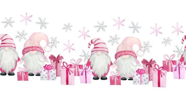 Margem sem costura desenhada à mão aquarela com gnomos de Natal rosa, presentes do ano novo presents.Pastel gnomos escandinavos nórdicos com flocos de neve árvore de chritsmas, bonito desenho animado design de inverno caráter. — Fotografia de Stock