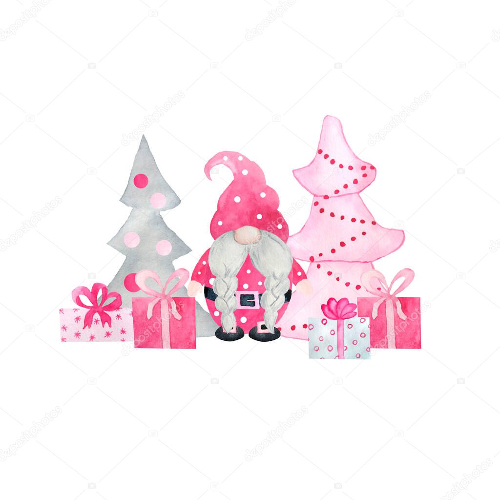 Watercolor hand drawn illustration with pink Christmas gnomes, new year gifts presents.Pastel Nordic Scandinavian gnomes with chritsmas tree snowflakes, cute cartoon character winter design.