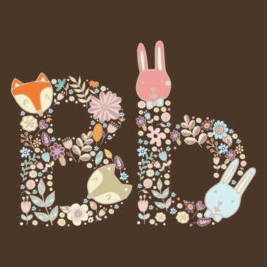 Mektup B. parlak renkli alfabe hayvan, çiçek ve dal çiçek unsuru. vektör çiçek Abc öğesinde