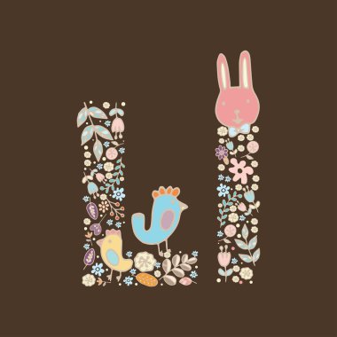 Mektup L. parlak renkli alfabe hayvan, çiçek ve dal çiçek unsuru. vektör çiçek Abc öğesinde