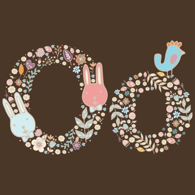 Mektup O. parlak renkli alfabe hayvan, çiçek ve dal çiçek unsuru. vektör çiçek Abc öğesinde