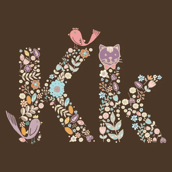 La lettera K. Luminoso elemento floreale di colorati alfabeto animale, fiori e ramoscelli. elemento ABC floreale nel vettore — Foto Stock