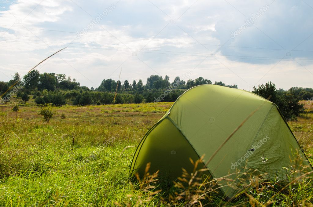 pitched tent in meadow on sunny day