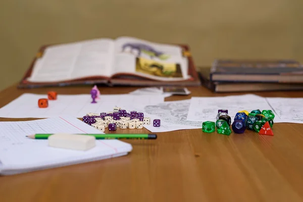 Role playing game set up on table on beige background — Stock Photo, Image