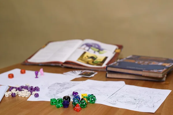 Role playing game set up on table on beige background — Stock Photo, Image