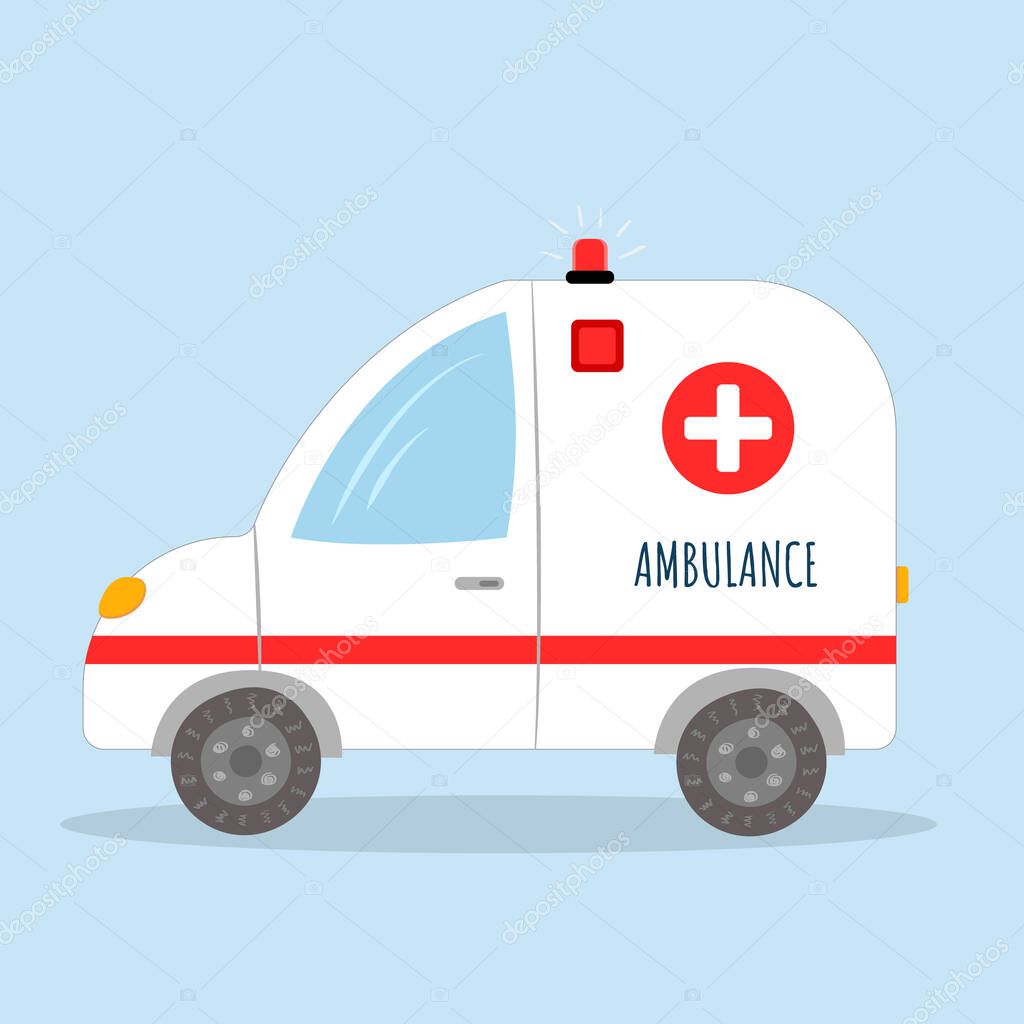 Ambulance in flat cartoon style on blue background. Vector illustration