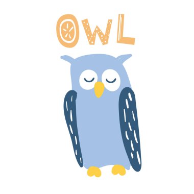 Çizgi film tarzında tatlı mavi uyuyan baykuş. Baykuş burcu harflerle. Çocuk tasarımları için iyi. Beyaz arka planda izole bir element var. Vektör illüstrasyonu