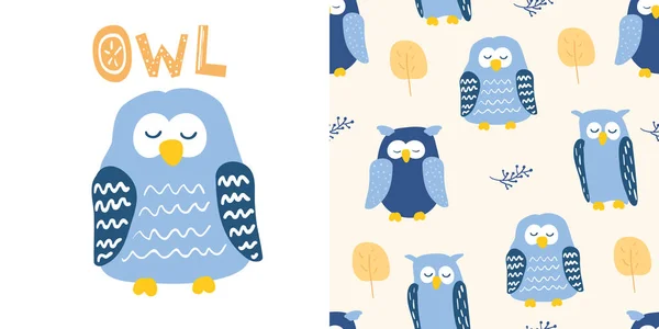 Lindo Búho Azul Estilo Dibujos Animados Con Letras Owl Patrón — Archivo Imágenes Vectoriales