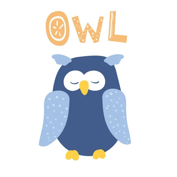 Coruja Adormecida Azul Bonito Estilo Cartoon Com Letras Owl Bom —  Vetores de Stock