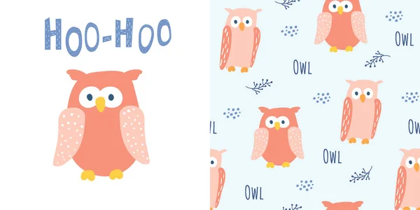 Niedliche Rote Eule Cartoon Stil Mit Hoo Hoo Schriftzug Und — Stockvektor