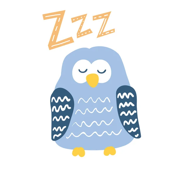 Cute Blue Sleeping Owl Cartoon Style Zzz Lettering Good Children — Stock Vector