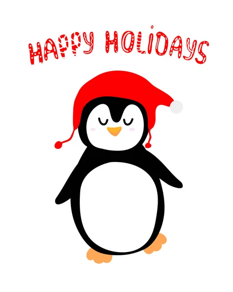 Jolie Carte Postale Voeux Avec Pingouin Dansant Rêveur Bonnet Rouge — Image vectorielle