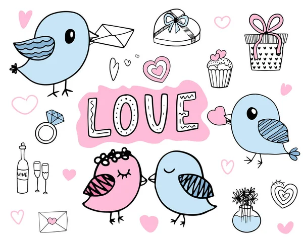 Amor Bonito Conjunto Com Elementos Doodle Com Acentos Rosa Azul —  Vetores de Stock