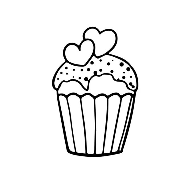 Cupcake Bonito Simples Com Decoração Corações Estilo Doodle Ilustração Vetorial —  Vetores de Stock