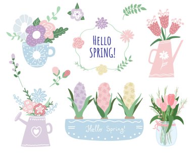 Renkli bahar seti. Pastel renkli çiçekler ve buketler. Vektör illüstrasyonu