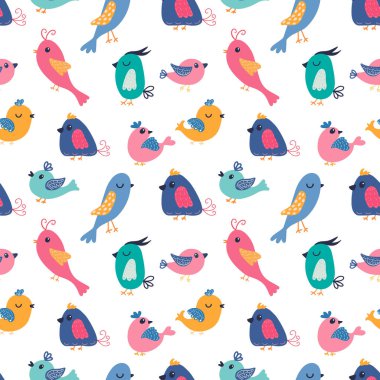 Çizgi film tarzında şirin kuşlarla renksiz desenli. Beyaz arka planda parlak renkler. Vektör
