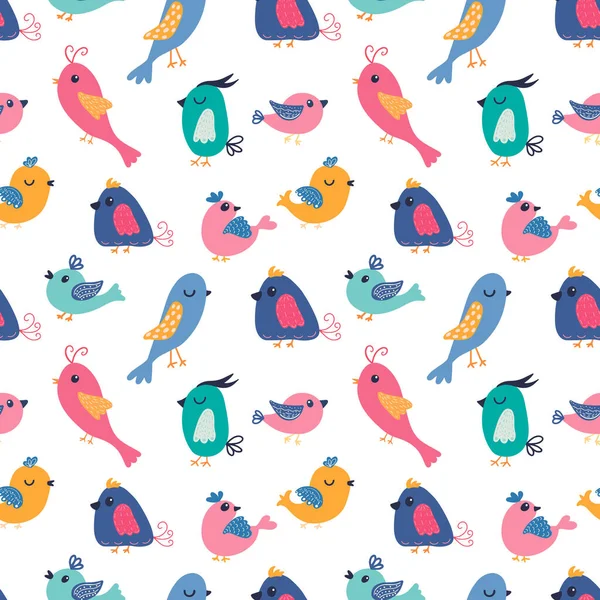 Çizgi Film Tarzında Şirin Kuşlarla Renksiz Desenli Beyaz Arka Planda — Stok Vektör