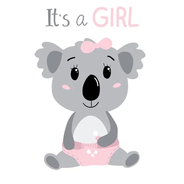 Hand Drawn Baby Girl Koala Pink Diapers Text Girl Vector — Stock Vector