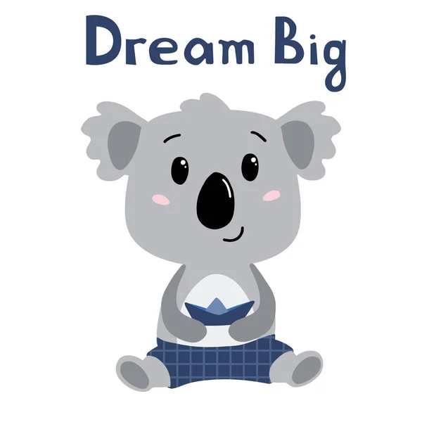 Netter Koala Junge Blauen Shorts Mit Papierschiff Mit Schriftzug Dream — Stockvektor