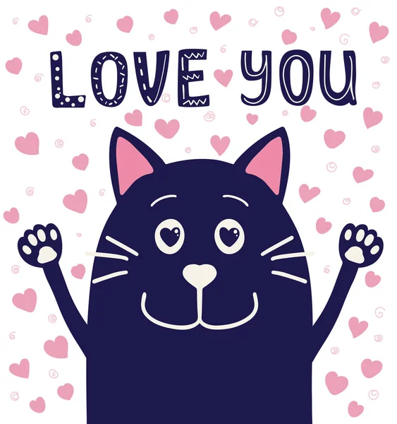 Gato Azul Bonito Desenhos Animados Feliz Com Texto Amo Você —  Vetores de Stock