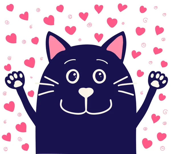 Lindo Gato Azul Dibujos Animados Feliz Con Corazones Fondo Vector — Vector de stock