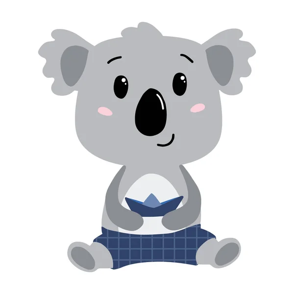 Lindo Chico Koala Pantalones Cortos Azules Con Barco Papel Aislado — Vector de stock