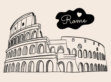 Kolezyum dijital el çizimi. Roma işaretiyle. Kartpostallar için iyi. Vektör izole edildi.