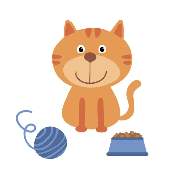 Roztomilá Karikatura Oranžová Kočka Miskou Nitěmi Izolovaný Vektor — Stockový vektor