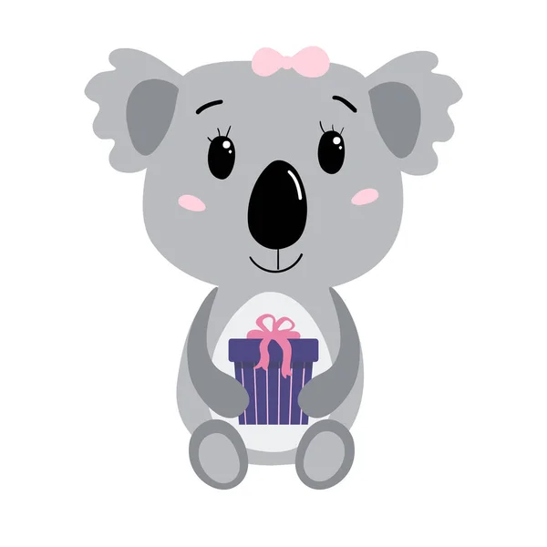 Schattig Baby Meisje Koala Met Geschenkdoos Vector Geïsoleerd Witte Achtergrond — Stockvector