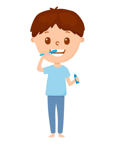 Chico Cepillándose Los Dientes Con Cepillo Dientes Estilo Dibujos Animados — Vector de stock