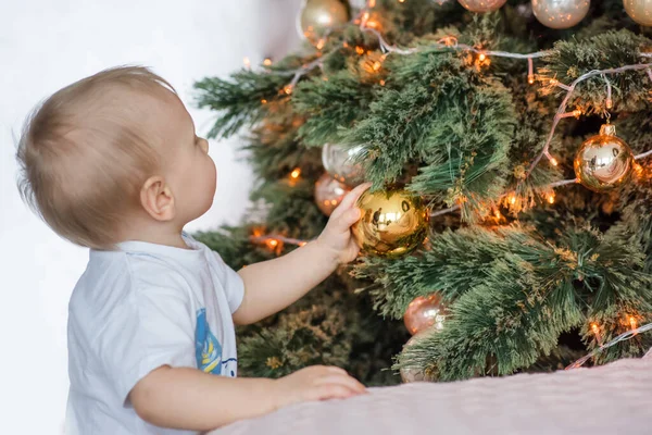 Rubio Juega Con Una Bola Oro Árbol Navidad Casa Tarjeta —  Fotos de Stock