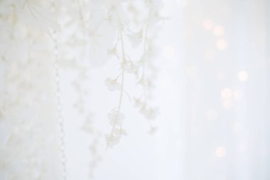 Hassas, yumuşak bir Noel arkaplanı ve bulanık parlak bir bokeh. Beyaz ortancalı yeni yıl tebrik kartı. Düğün davetiyeleri için üniforma deseni. Uzayı kopyala Baskı ürünleri için destek. Şefkatli