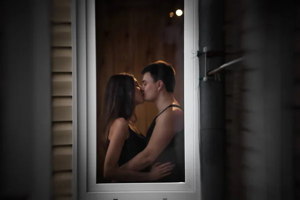 Loving Young Couple Hugs Window Balcony Terrace Apartment Young Man — Stock Photo, Image