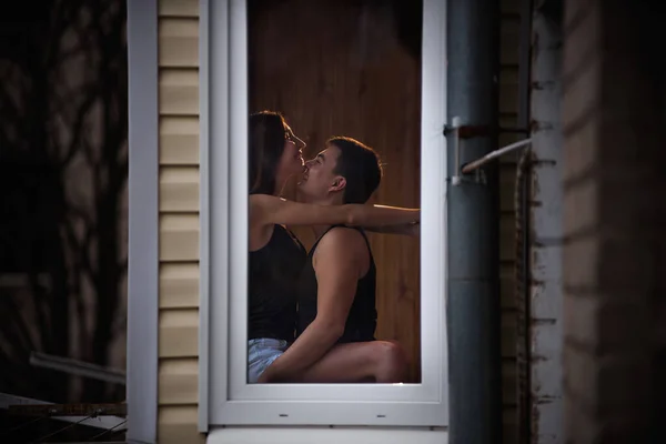 Loving Young Couple Hugs Window Balcony Terrace Apartment Young Man — Stock Photo, Image